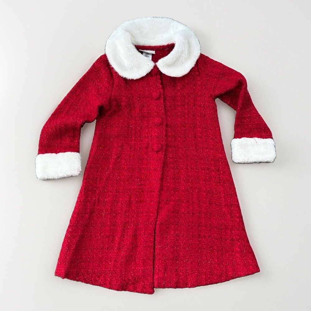 Youngland Girls Red Christmas Dress Coat Faux Fur Collar Holiday Winter Size 5